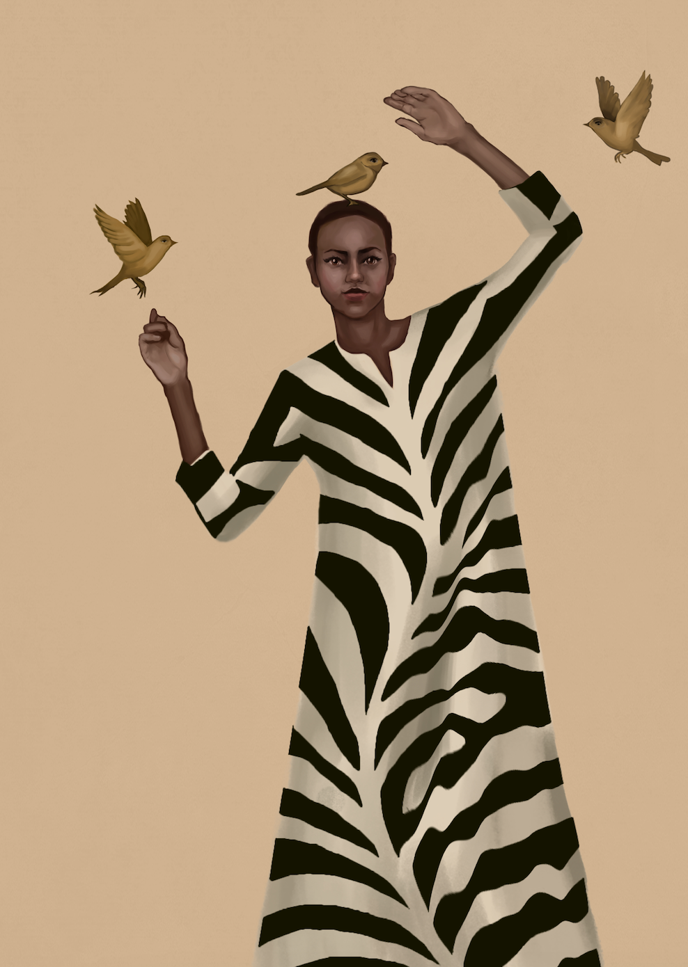 WOMAN WITH BIRDS IN ZEBRA STRIPE DRESS - Art Print by Branka Kodžoman