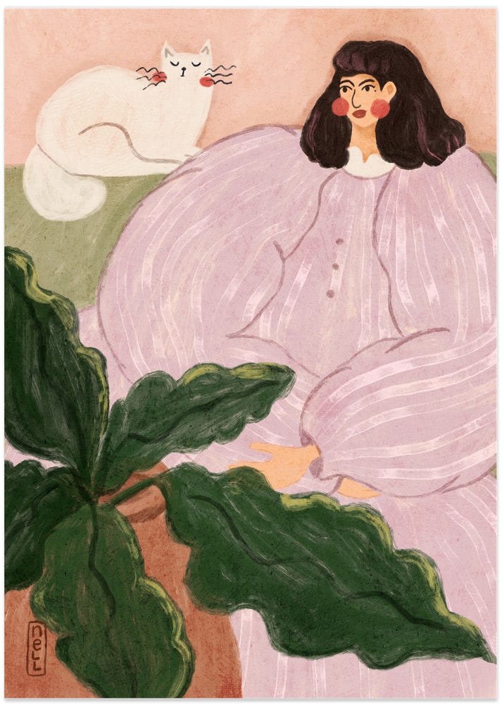 Cozy Woman With Cat - Art Print by Dirkie Nell