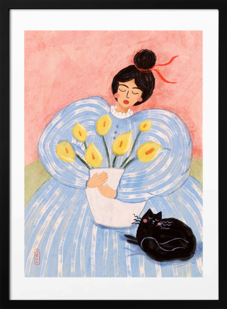Woman With Flowers And Cat - Art Print by Dirkie Nell
