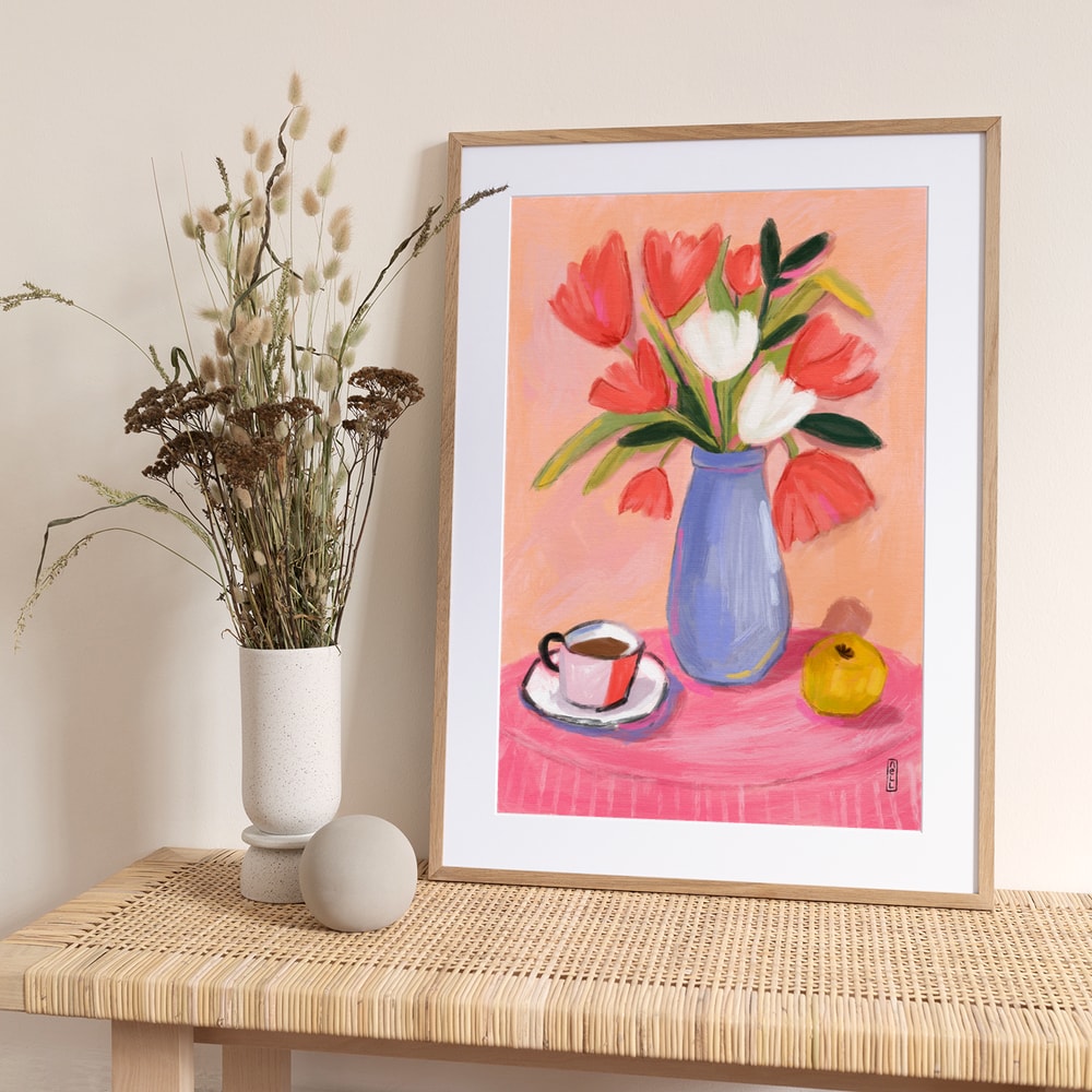 Fresh Tulips and Coffee - Art Print by Dirkie Nell