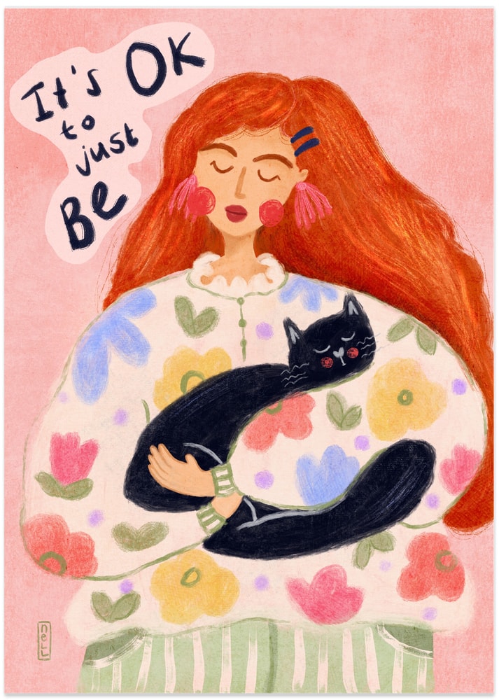 Peaceful Cat Cuddles - Art Print by Dirkie Nell
