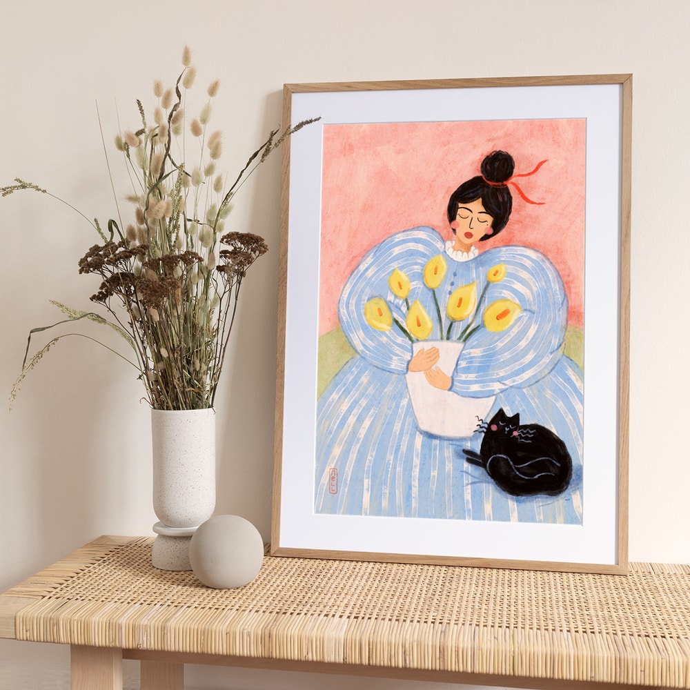 Woman With Flowers And Cat - Art Print by Dirkie Nell