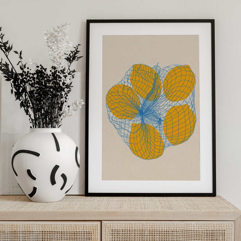 Five Lemons In a Net Bag - Art Print by Rosi Feist