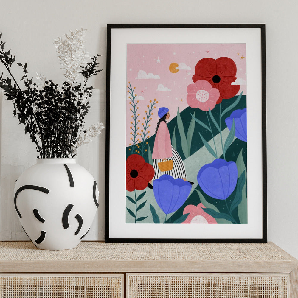Woman Walking in Flower Garden - Art Print by Bea Müller