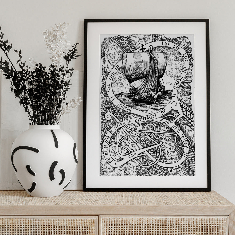The Journey. Viking Doodle Ink Drawing. - Art Print by Johan Liewendahl