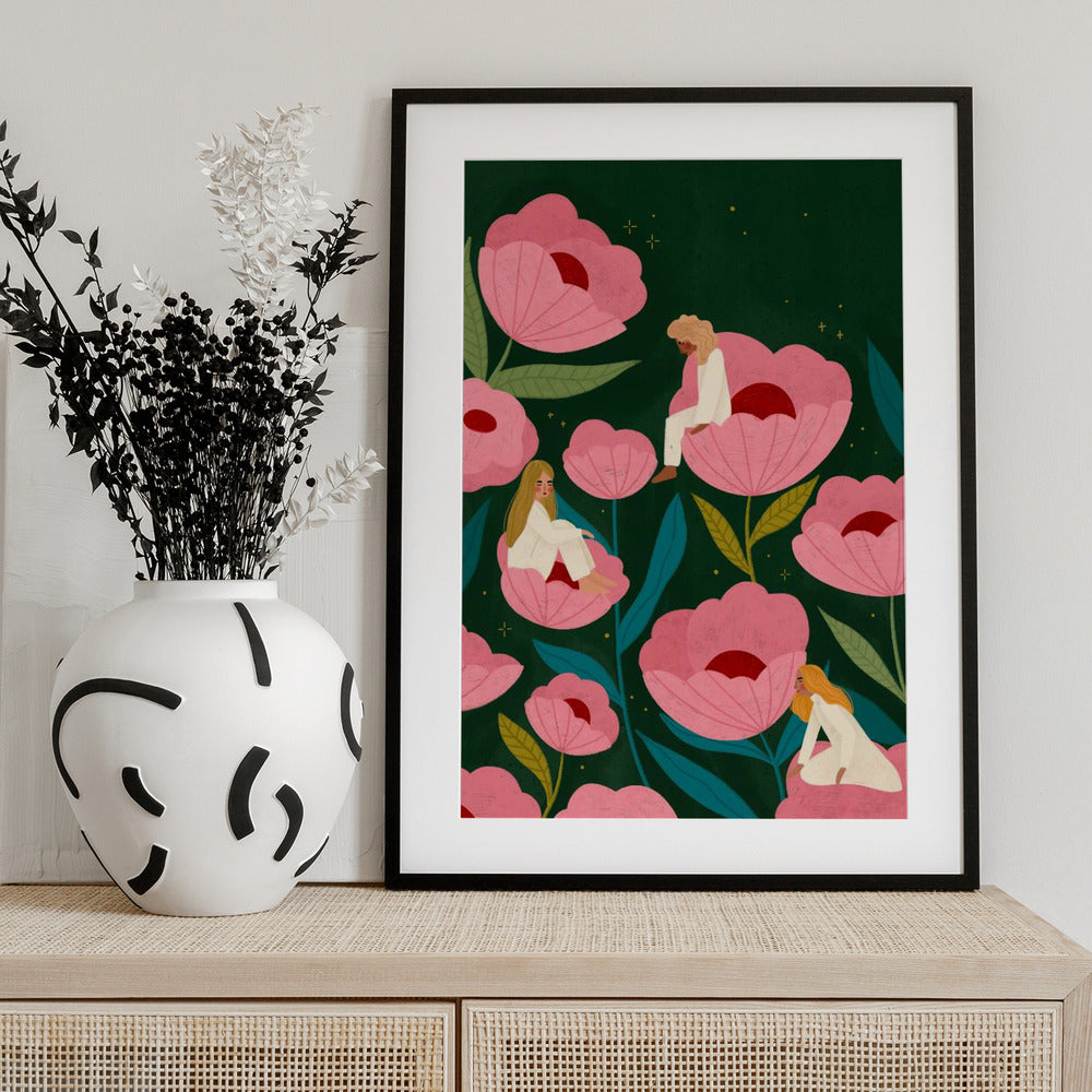 Three Women Sitting on Large Pink Flowers - Art Print by Bea Müller