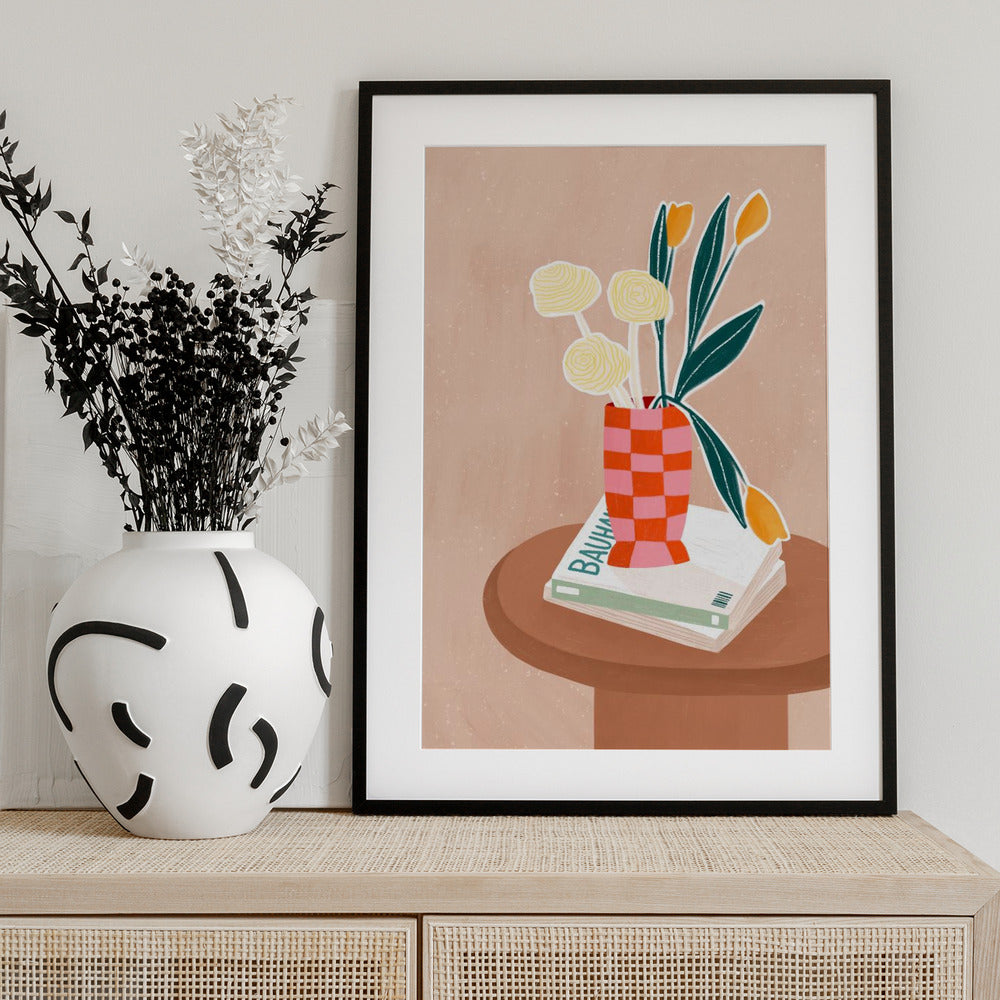 Flower With a Checkered Red Vase - Art Print by Bea Müller
