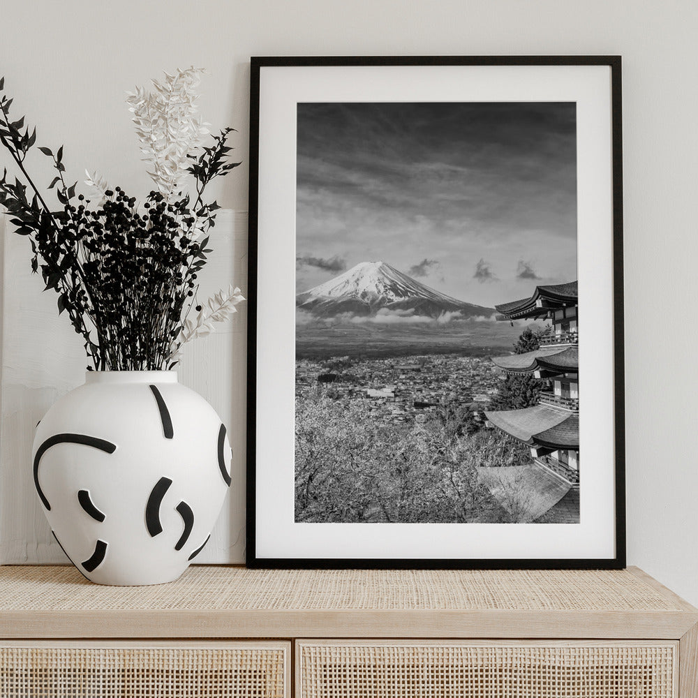 Unique view of Mount Fuji with Chureito Pagoda during cherry blossom season - monochrome - Art Print by Melanie Viola