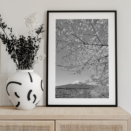 Charming view of Mount Fuji with cherry blossoms - monochrome - Art Print by Melanie Viola