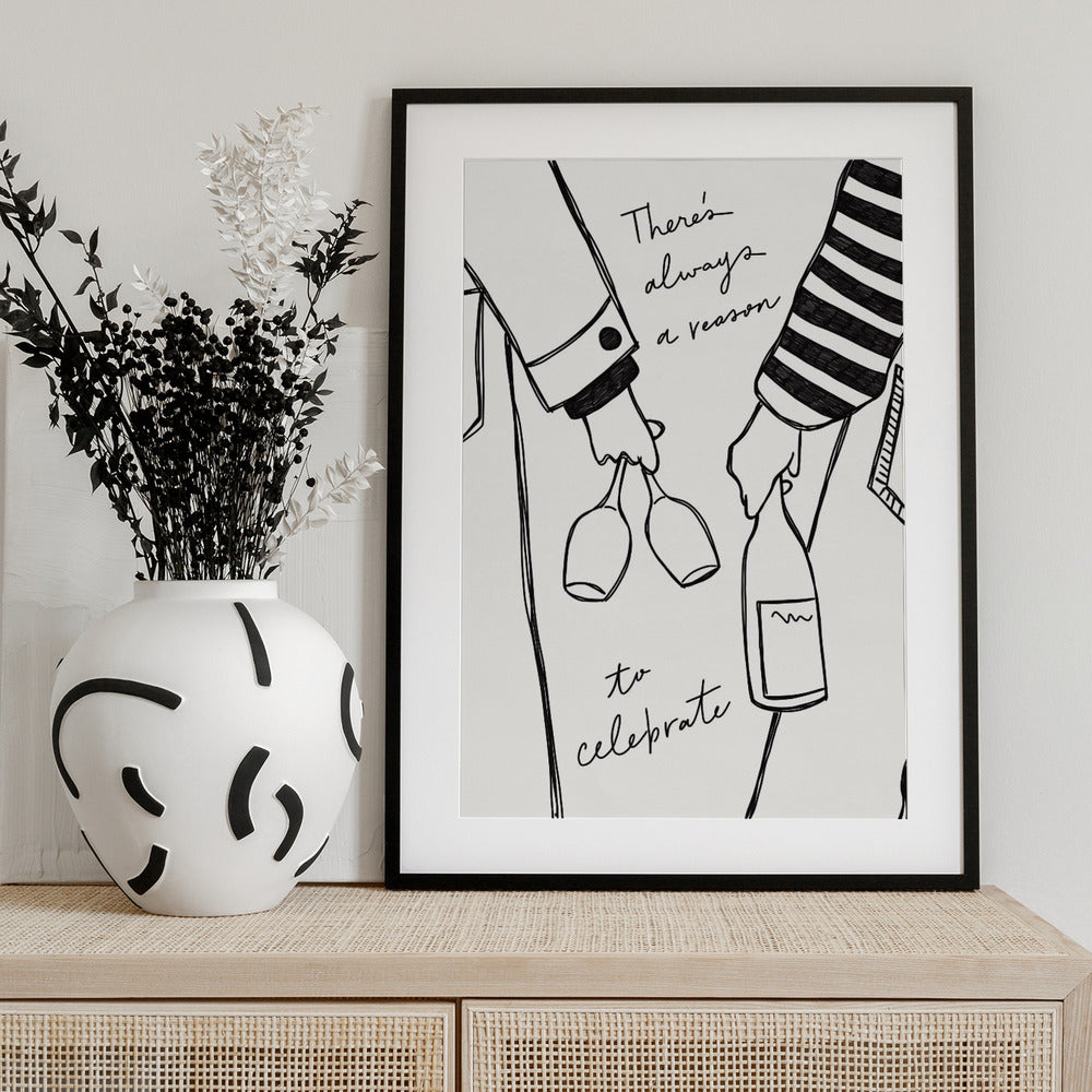 Woman holding wine bottle and wine glass (Black &amp; White) - Wine Vin Femme Noir et Blanc - Art Print by Rio Soléy