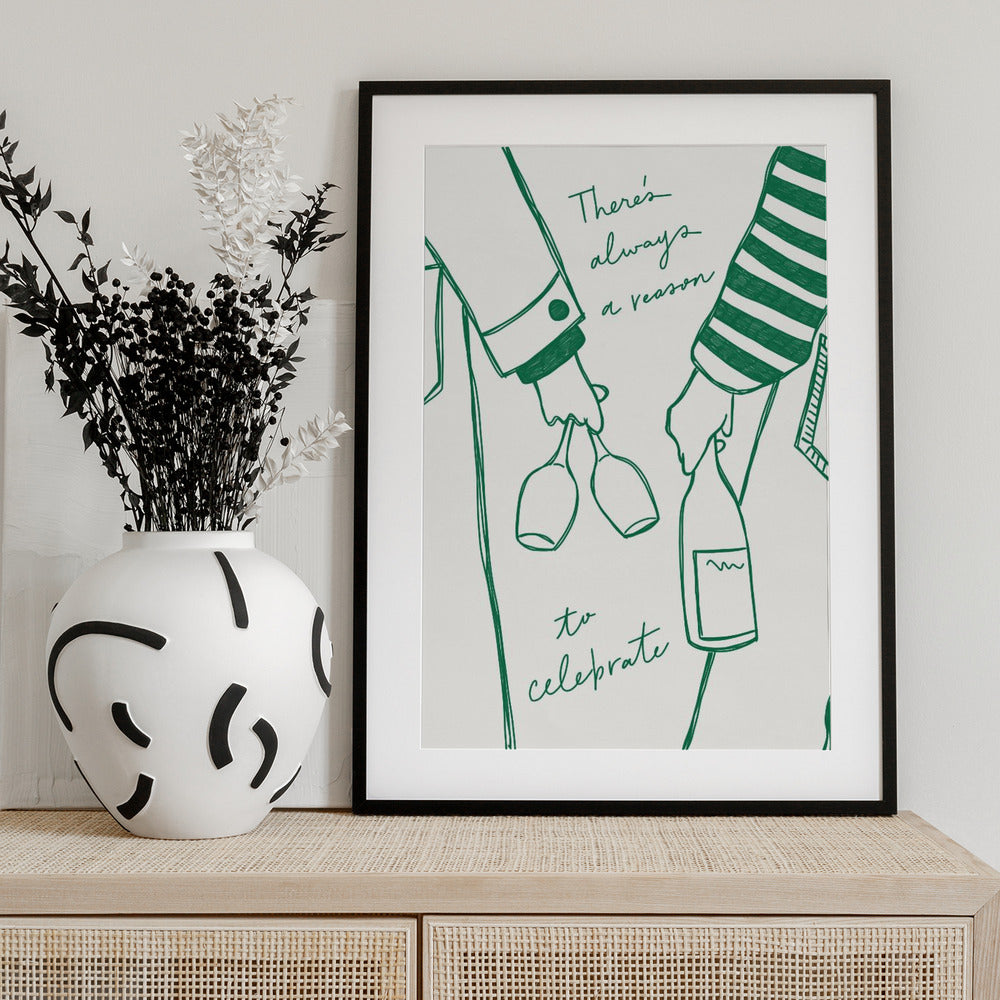 Woman holding wine bottle and wine glass (Green) - Wine Vin Femme Vert - Art Print by Rio Soléy