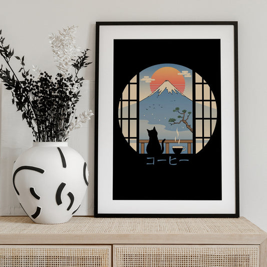 Coffee Cat In Mt. Fuji - Art Print by Vincent Trinidad