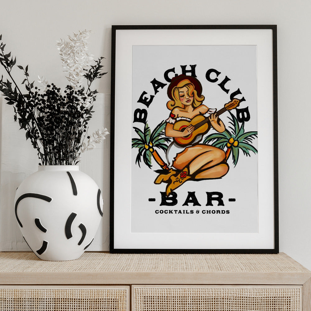 Beach Club Bar. Sailor Jerry Style Pin-up Girl Playing Guitar - Art Print by The Whiskey Ginger