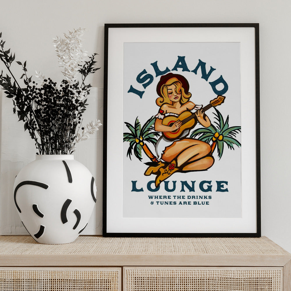 Island Lounge Tropical Pin Up Girl Playing Guitar - Art Print by The Whiskey Ginger