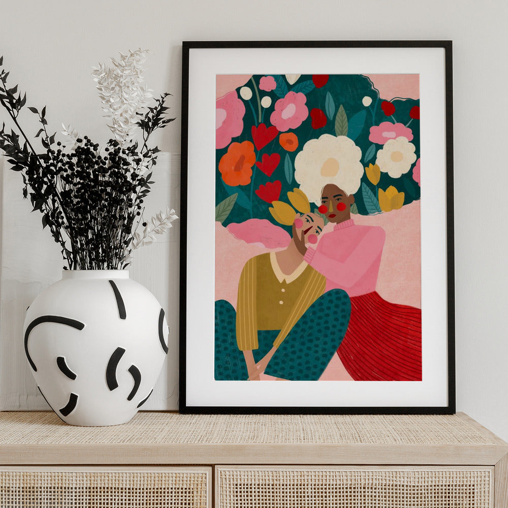 Embracing Couple  In Floral Embrace - Art Print by Bea Müller