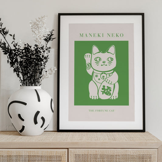 Maneki-neko Cat Green - Art Print by KsanaKalpa