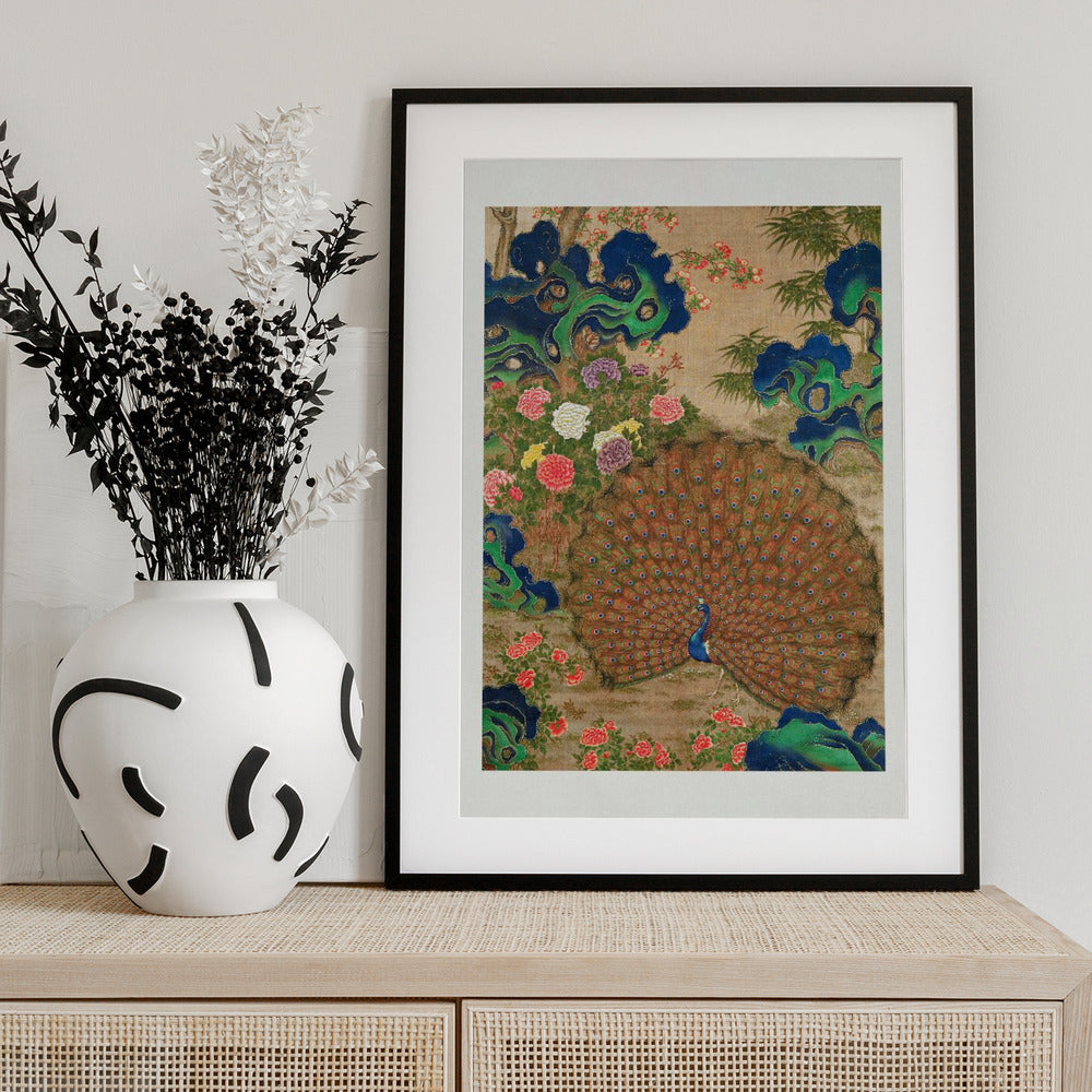 Chinese Peacock and Flowers (17th Century) - Art Print by Vintage Japanese