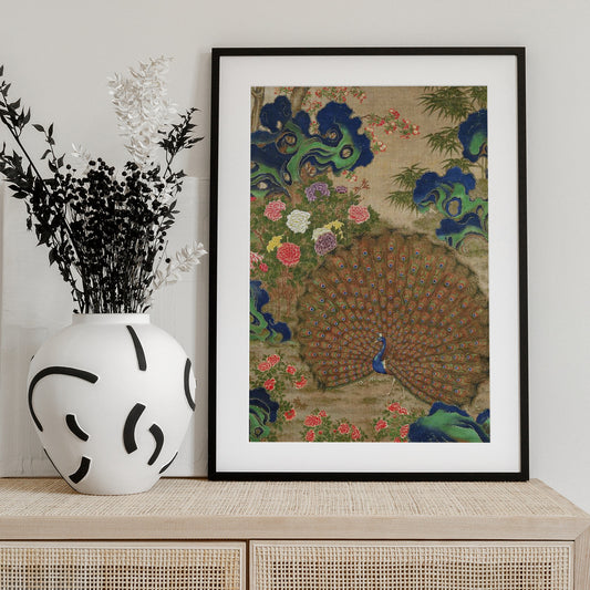 Chinese Peacock and Flowers (17th Century) - Art Print by Vintage Japanese