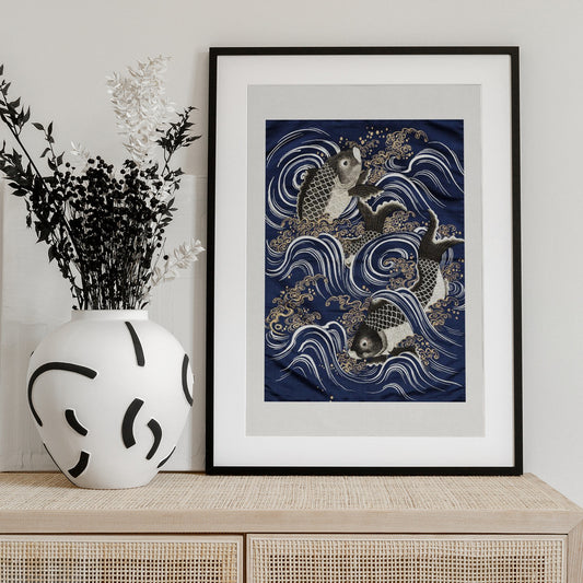 Carp In Waves During Meij Period - Art Print by Unknown
