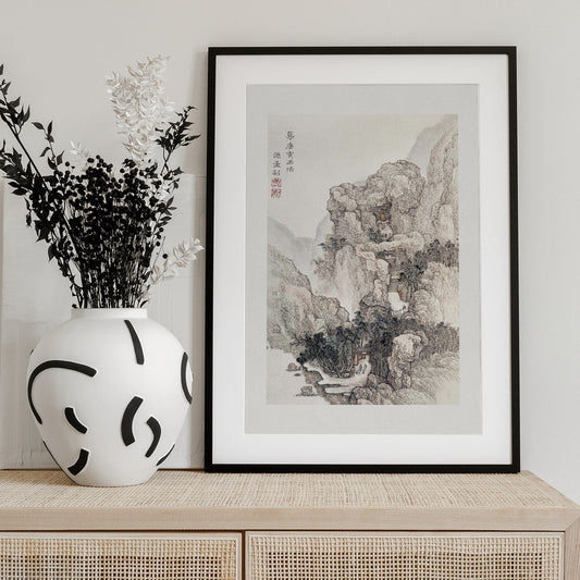 Japanese Rocky Landscape Boarder Vintage Illustration - Art Print by Ko Fuyo