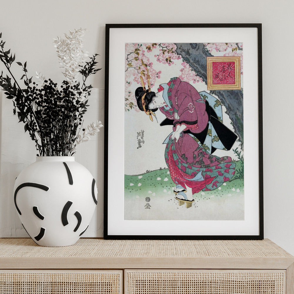 Japanese Woman and Cherry Blossom (1828) Vintage Woodblock Prints - Art Print by Keisai Eisen