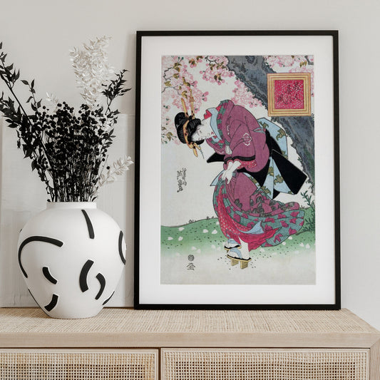 Japanese Woman and Cherry Blossom (1828) Vintage Woodblock Prints - Art Print by Keisai Eisen