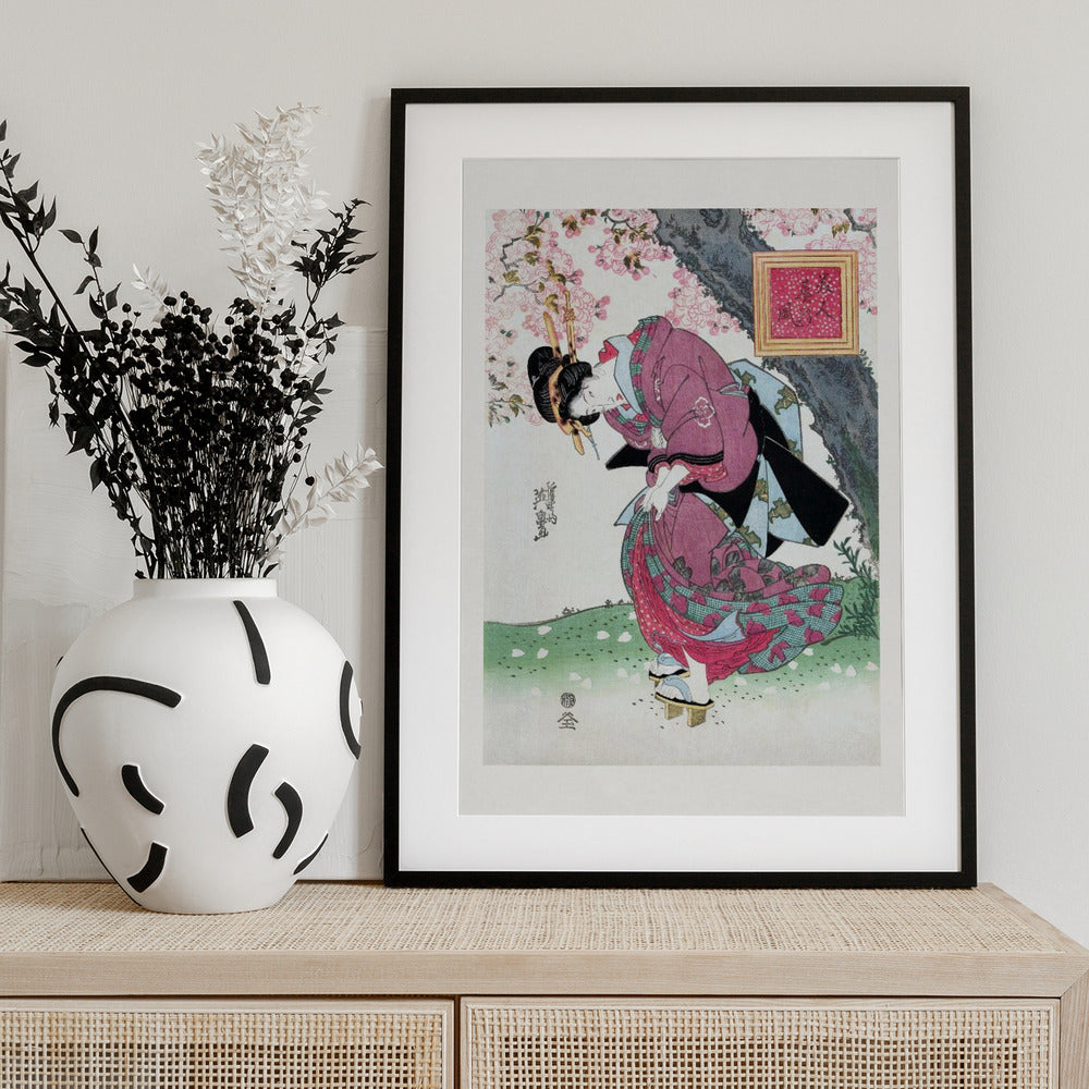 Japanese Woman and Cherry Blossom (1828) Vintage Woodblock Prints With Boarder - Art Print by Keisai Eisen