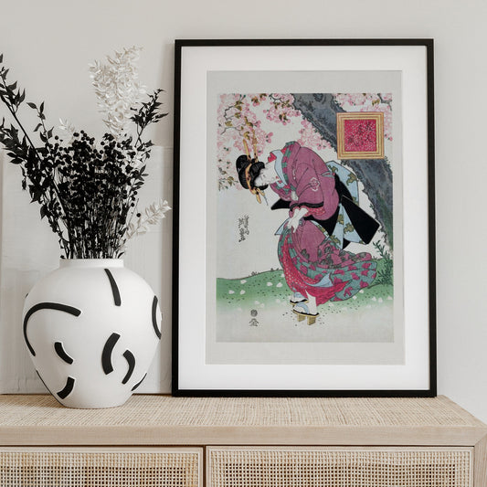 Japanese Woman and Cherry Blossom (1828) Vintage Woodblock Prints With Boarder - Art Print by Keisai Eisen