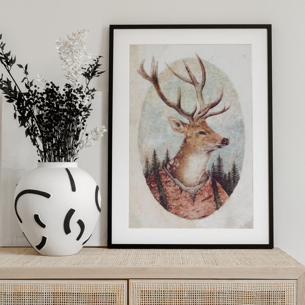 Deer In A Rustic Outfit - Art Print by Mike Koubou