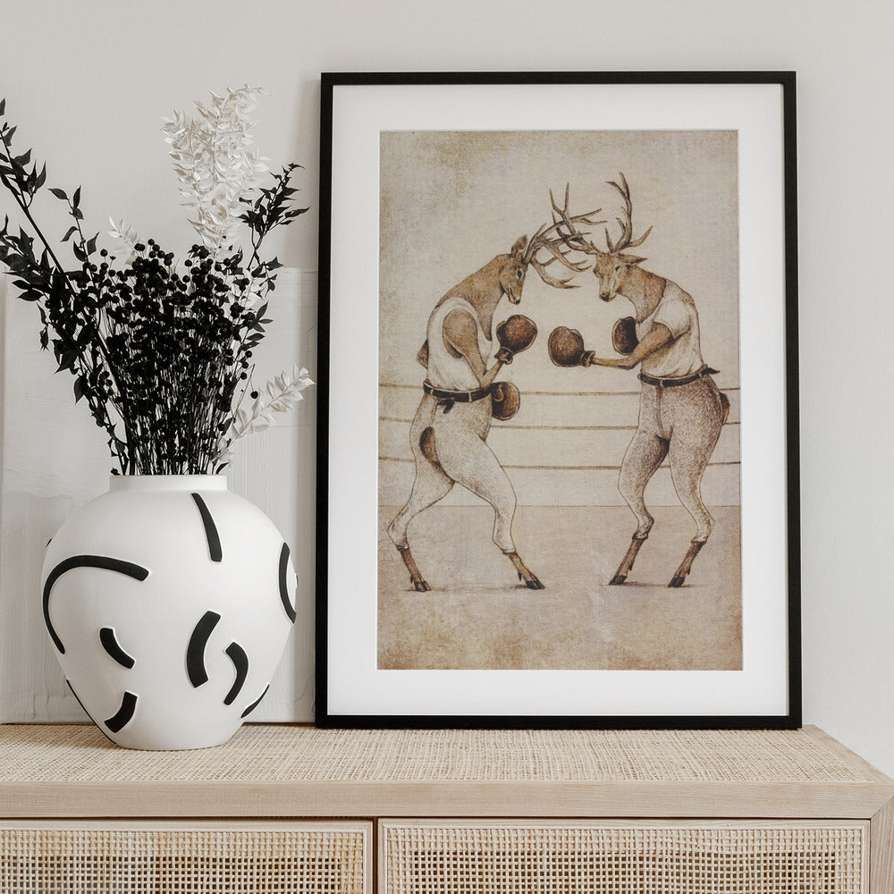 Deer Fight Vintage Style - Art Print by Mike Koubou