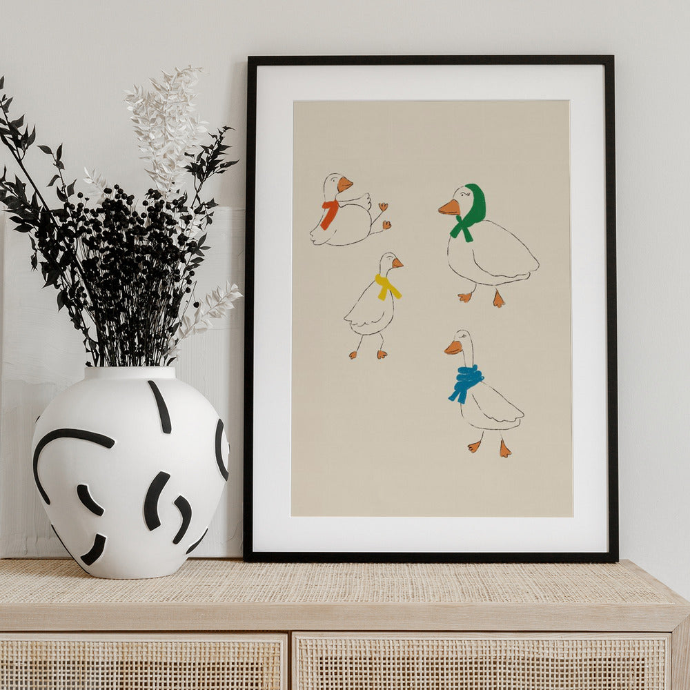 Ducks Adorned in Colorful Scarves - Art Print by Anna Mielniczuk