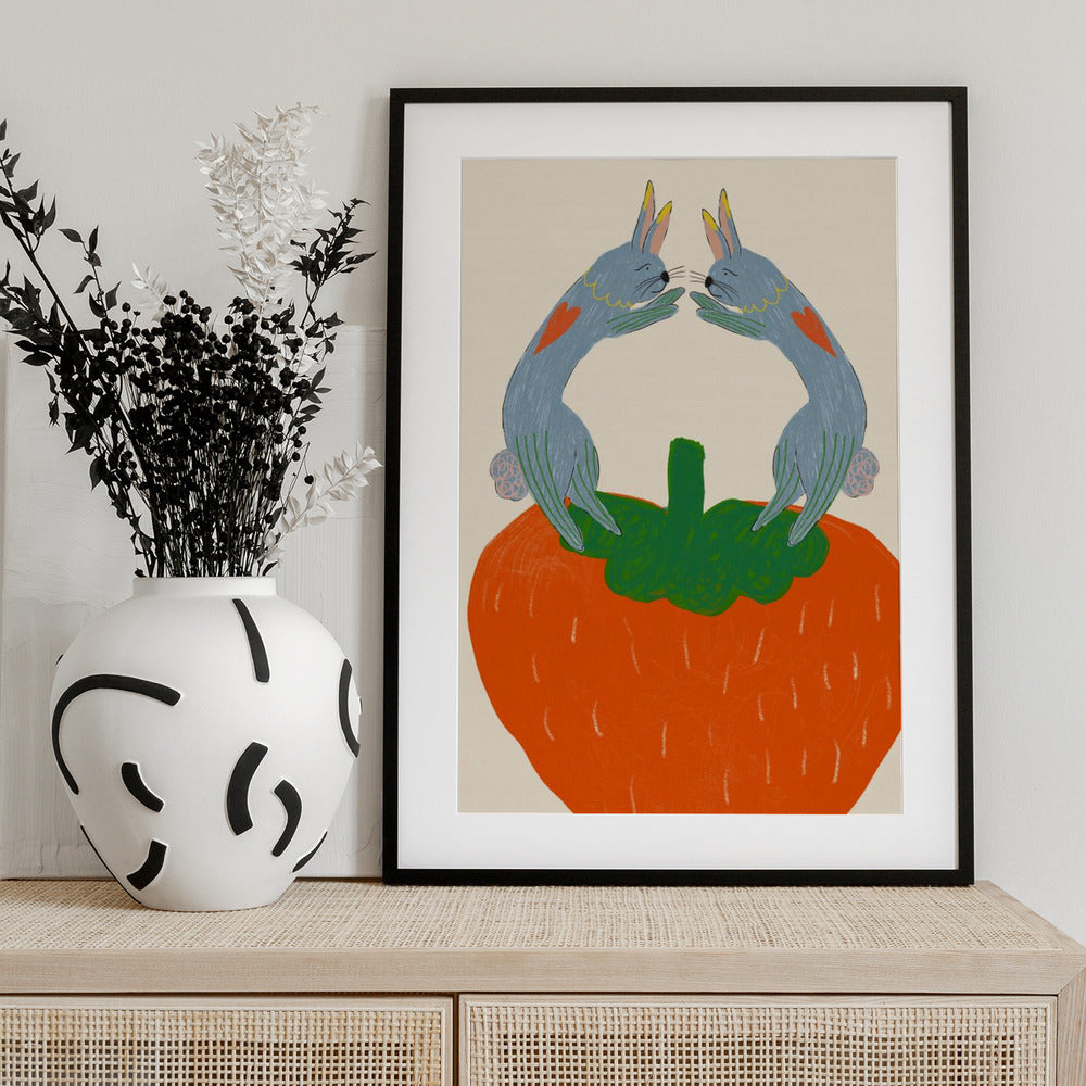 Rabbits on Strawberry - Art Print by Anna Mielniczuk