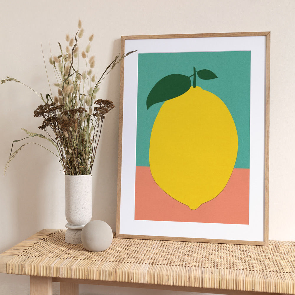 Lemon With Two Leaves - Art Print by Rosi Feist