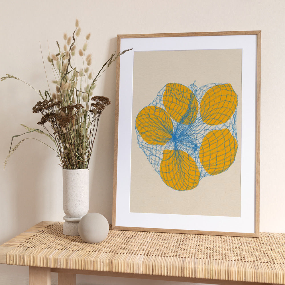 Five Lemons In a Net Bag - Art Print by Rosi Feist