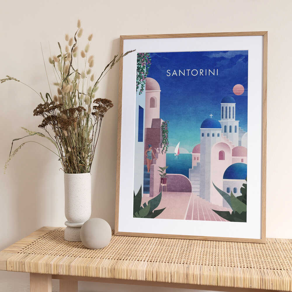 Dreamy Santorini - Art Print by Emel Tunaboylu Travel Poster