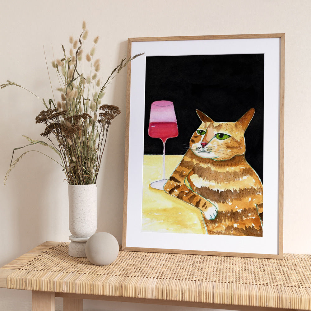 Cat Friday Night Drinks Wine Funny Cat Humour - Art Print by Sharyn Bursic