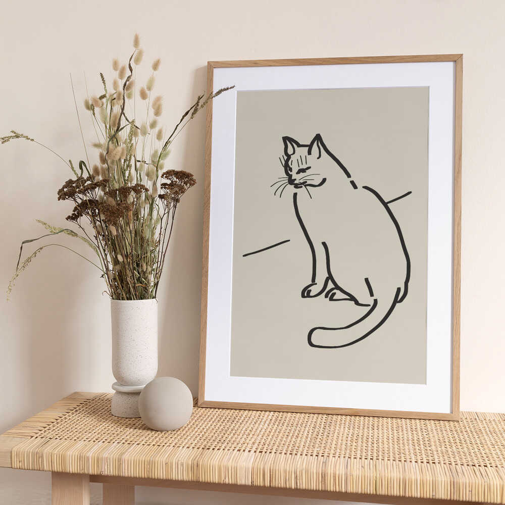 Sitting Cat On A Beige Background - Art Print by Little Dean