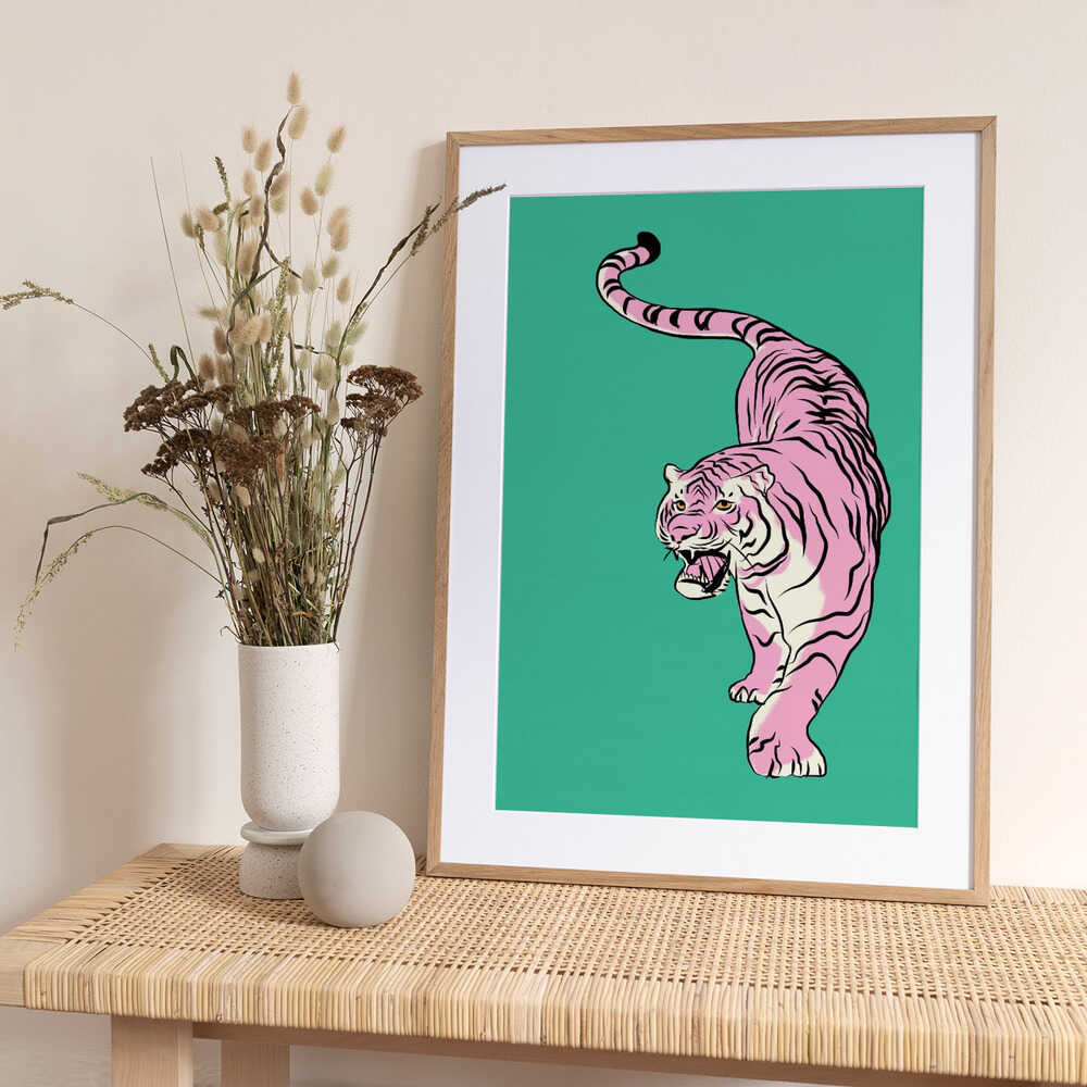 Tiger In Light Pink and Green - Art Print by Little Dean
