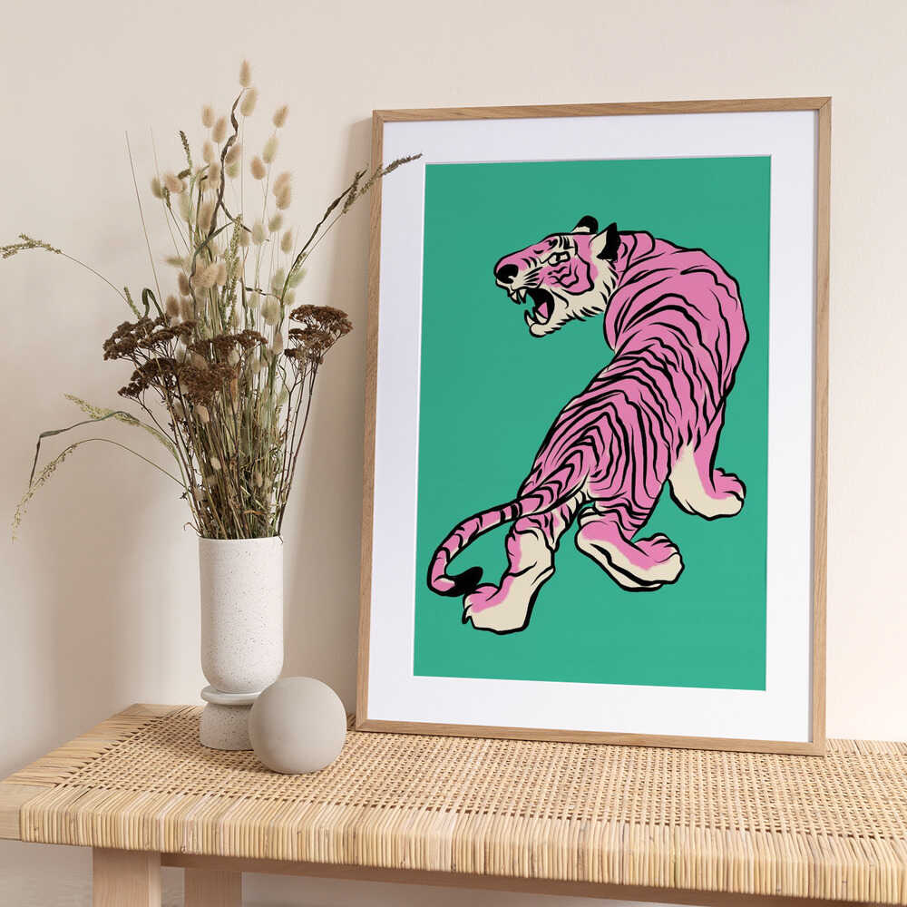 Pink Tiger Against A Teal Background - Art Print by Little Dean