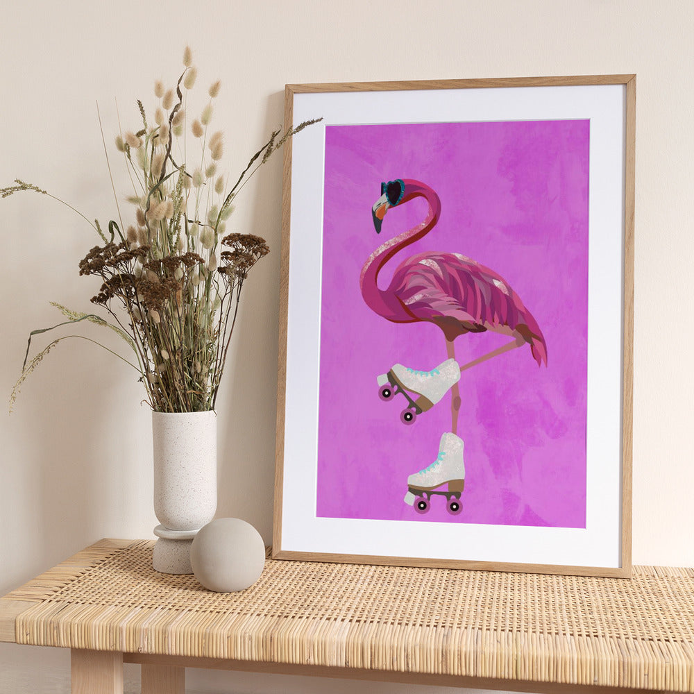 Pink Flamingo Roller Skating - Art Print by Sarah Manovski