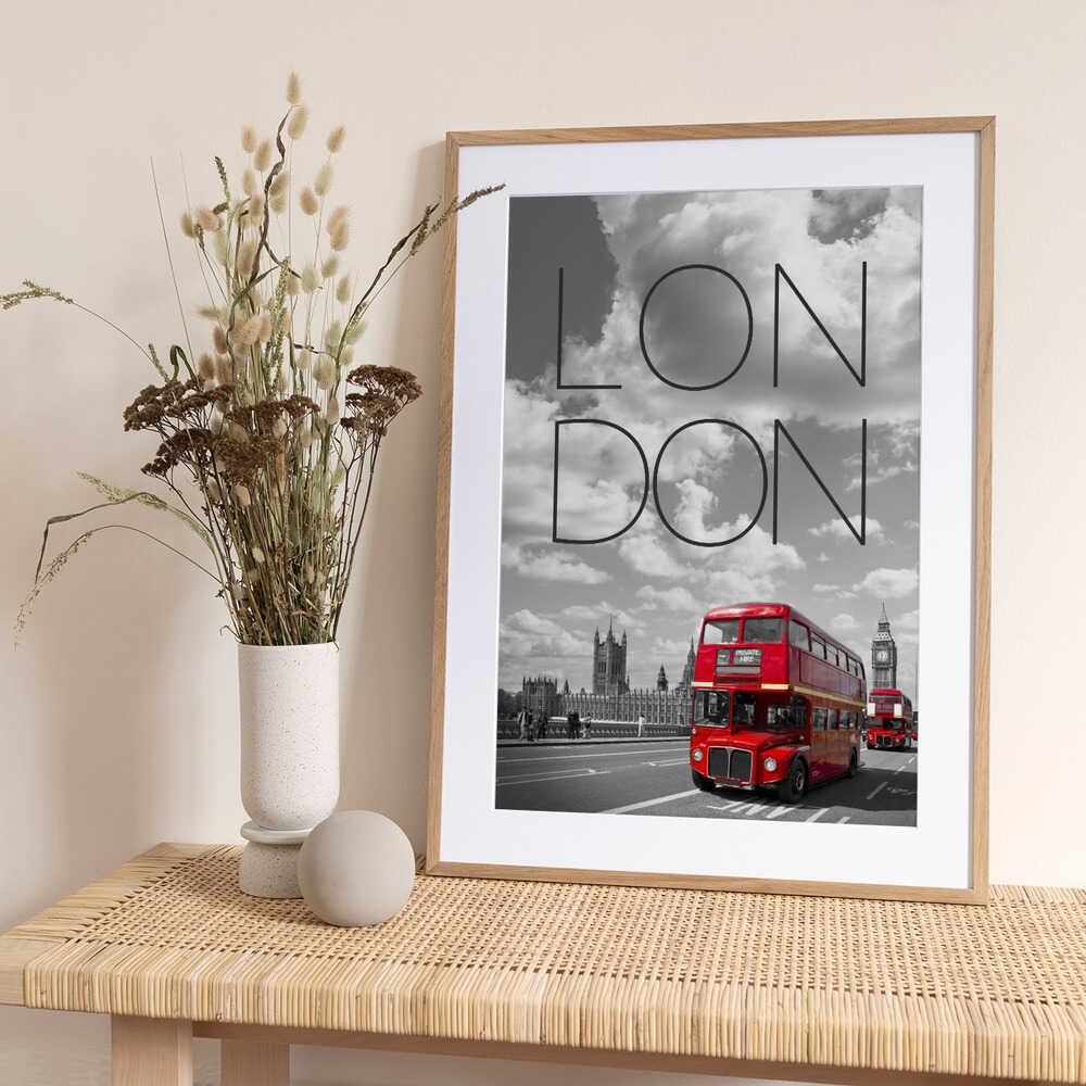 Red Buses in London | Text &amp; Skyline - Art Print by Melanie Viola Travel Poster