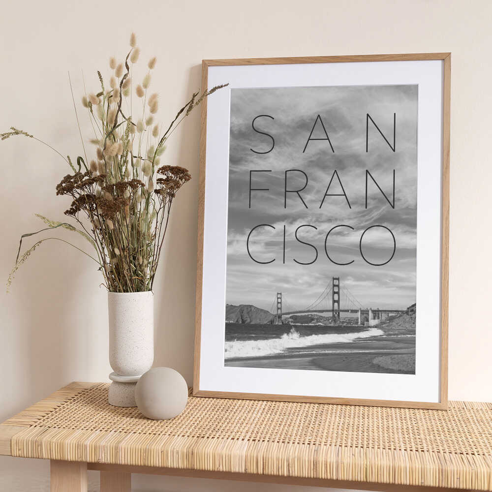 Golden Gate Bridge &amp; Baker Beach | Text &amp; Skyline - Art Print by Melanie Viola Travel Poster