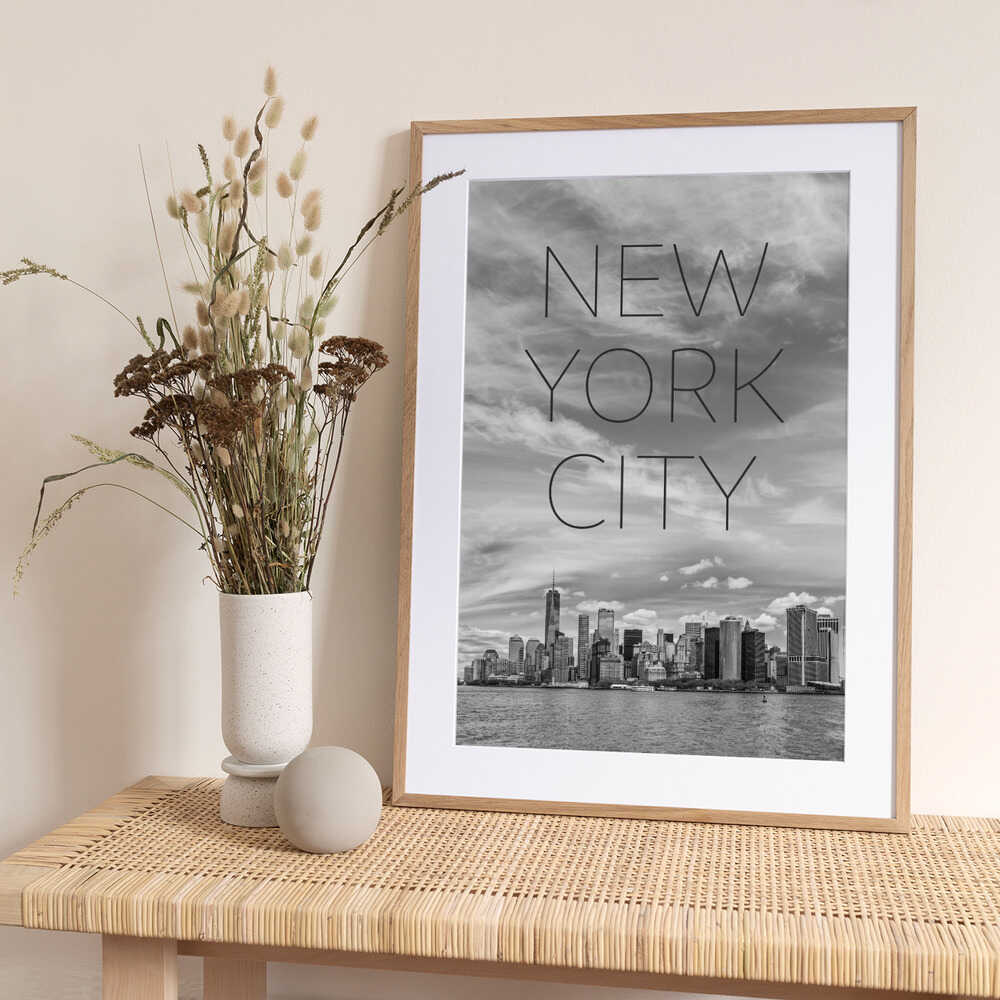NYC Lower Manhattan &amp; Hudson River | Text &amp; Skyline - Art Print by Melanie Viola Travel Poster