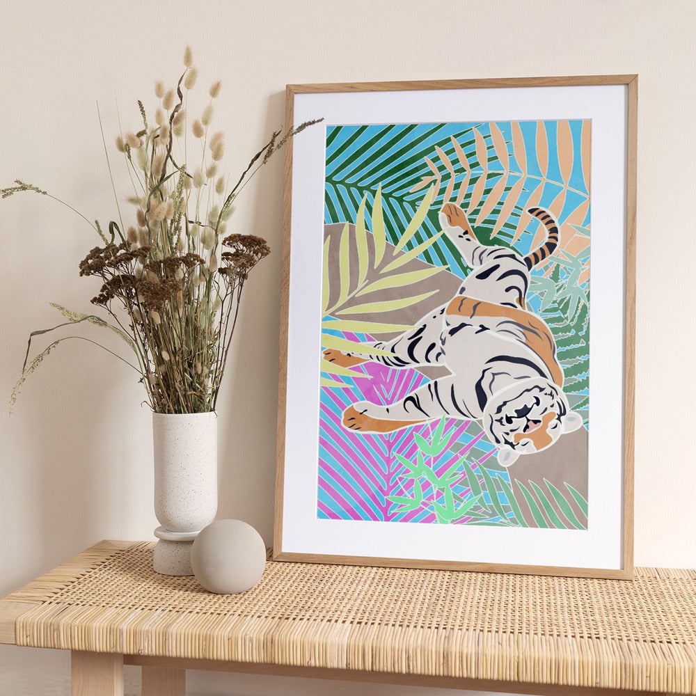 Tiger Sleepling in colourful jungle - Art Print by Sarah Manovski