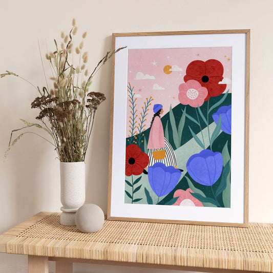 Woman Walking in Flower Garden - Art Print by Bea Müller