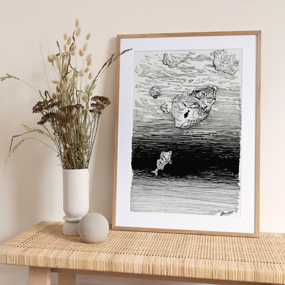 Midless. A Fish in the Plastic Sea Ink Drawing. - Art Print by Johan Liewendahl