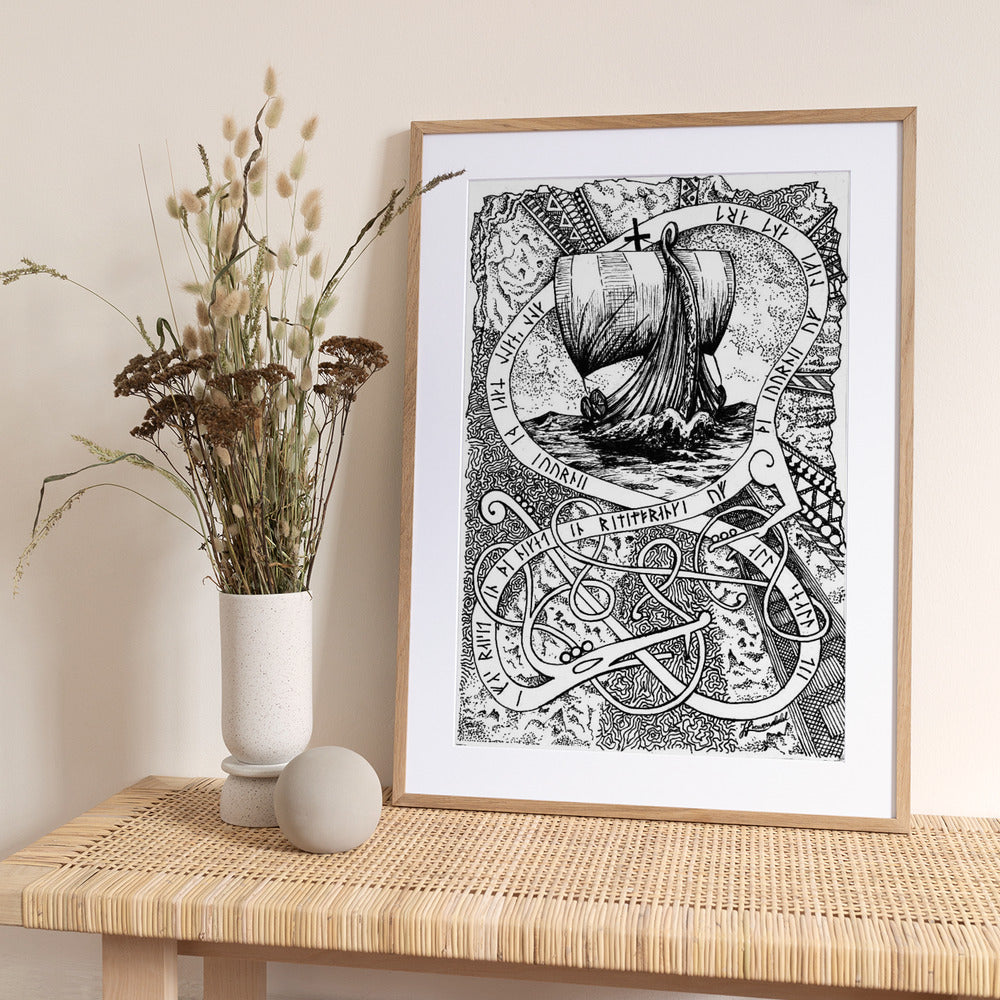 The Journey. Viking Doodle Ink Drawing. - Art Print by Johan Liewendahl