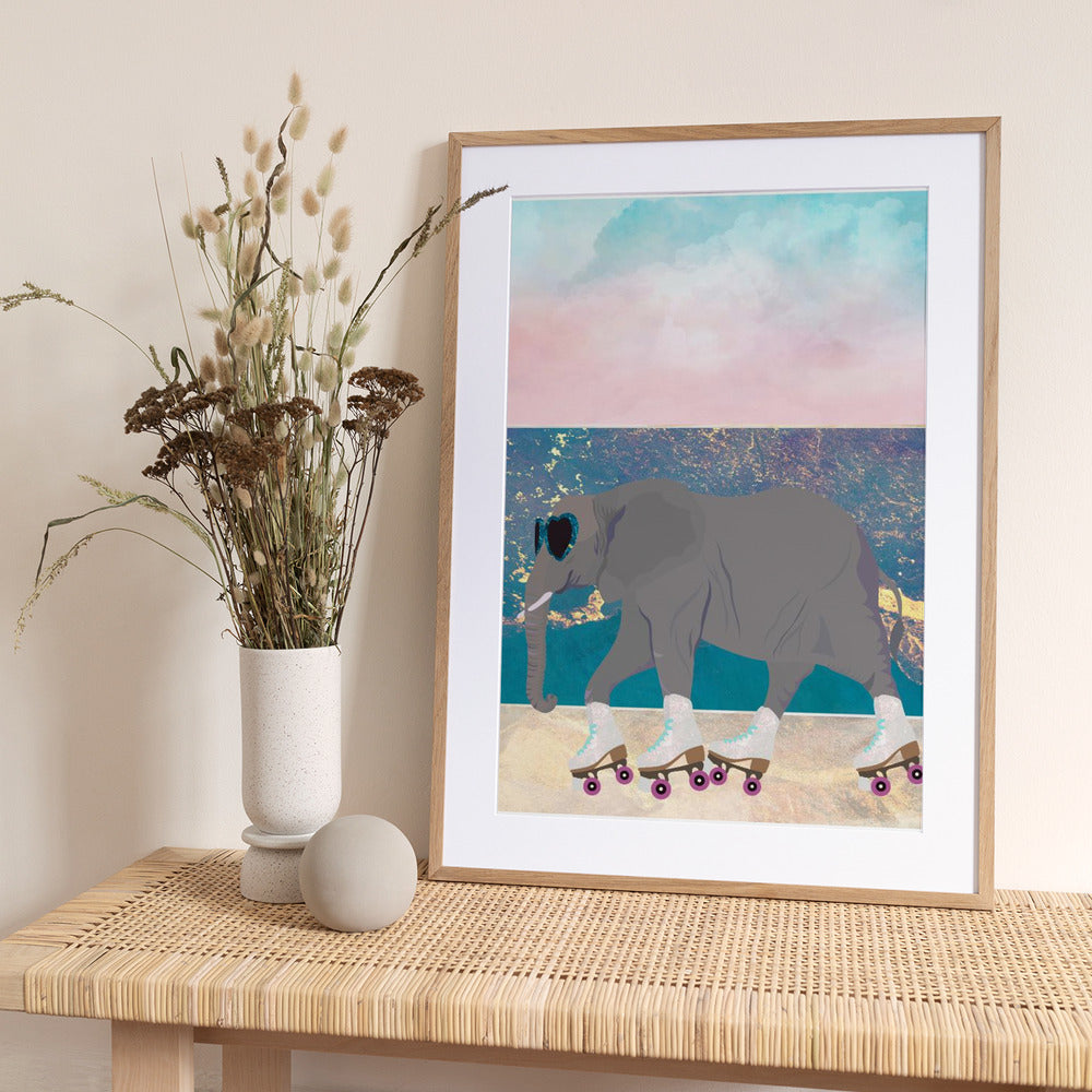 Elephant Rollerskating On holiday - Art Print by Sarah Manovski