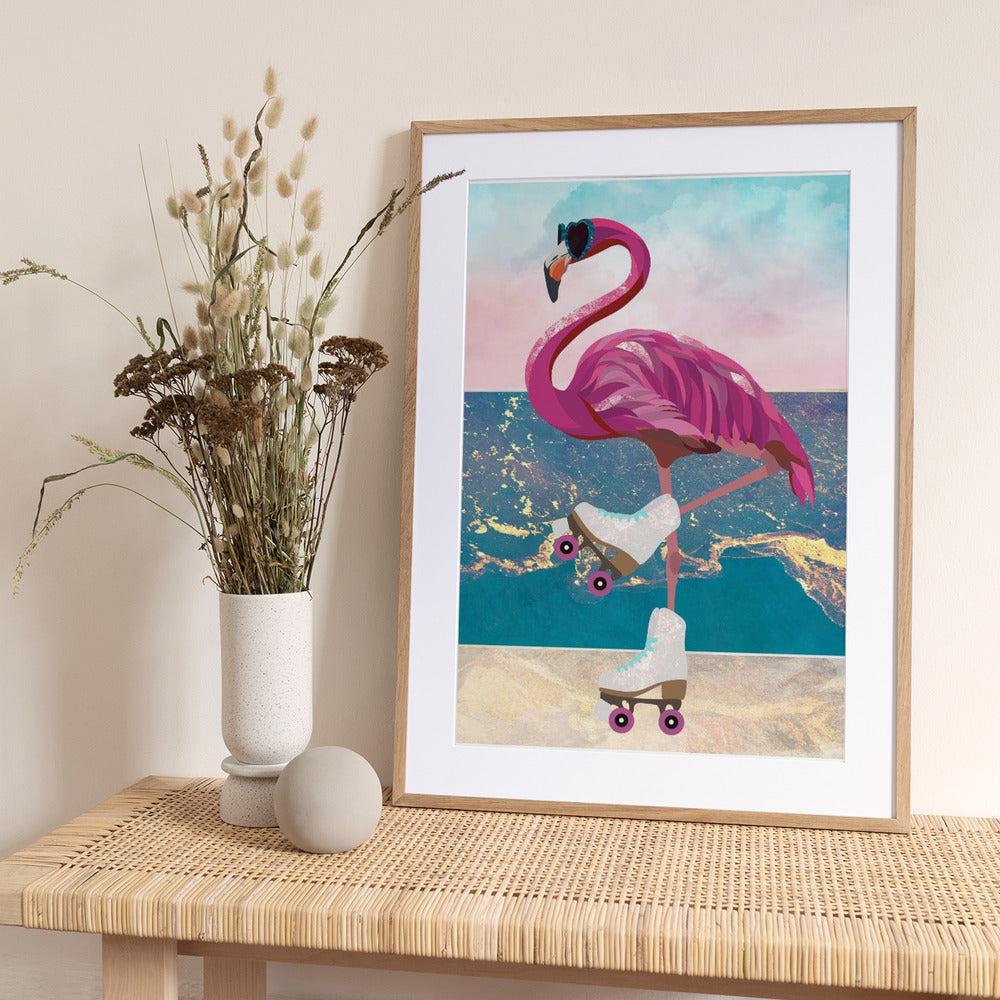 Flamingo rollerskating on the beach - Art Print by Sarah Manovski