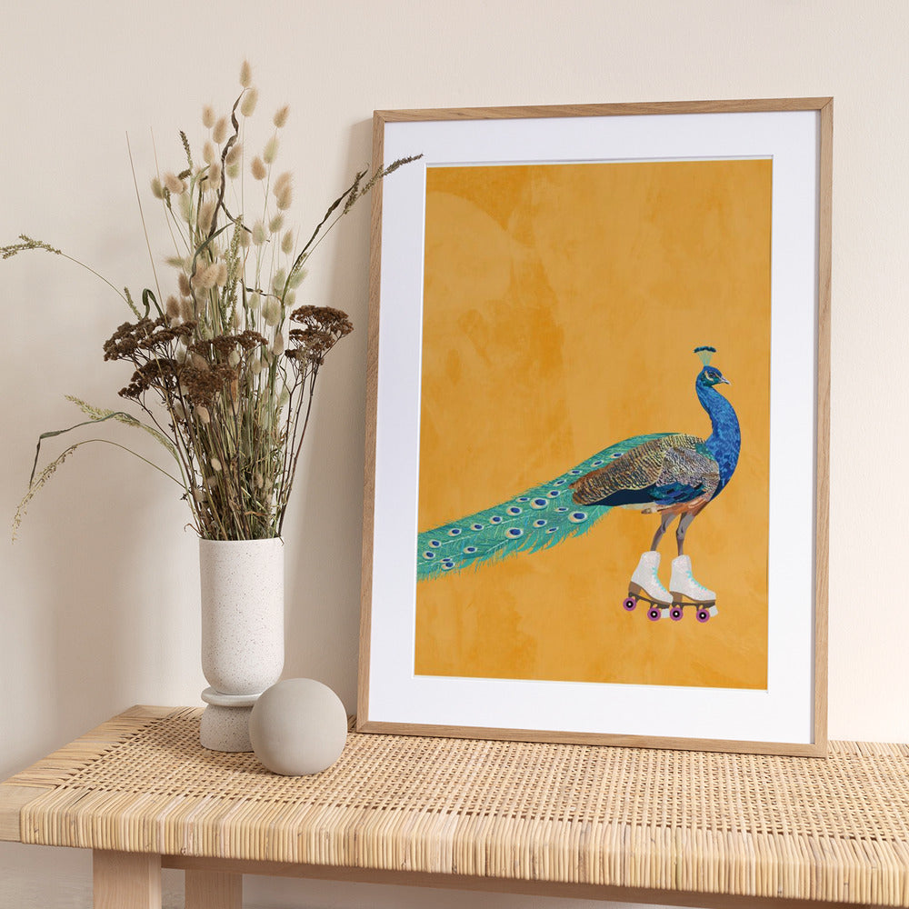 Peacock rollerskating - Art Print by Sarah Manovski